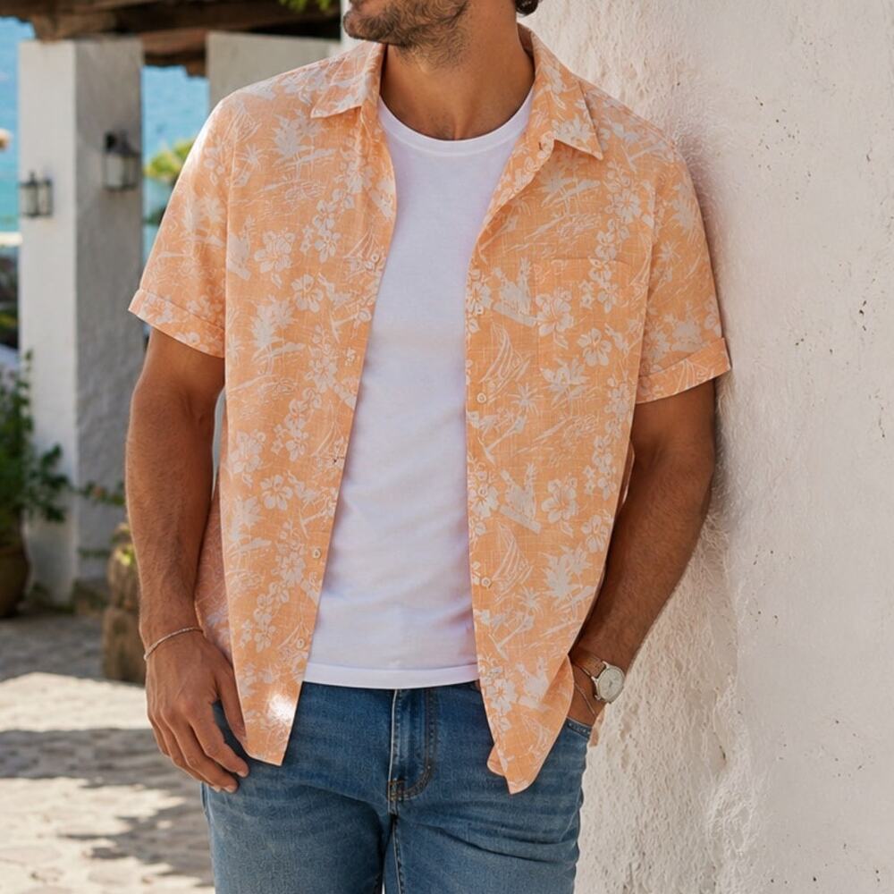 IZOD Saltwater Hawaiian Camp Shirt Sz. Large Tropical Button Front 100% Cotton